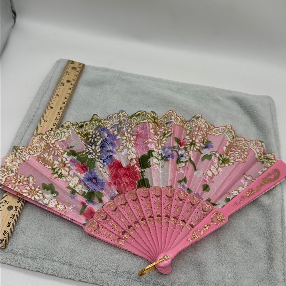 Asian Hand Held Fan Pink, Purple, Red, White & Gold Sparkly Florals-9”x 17”